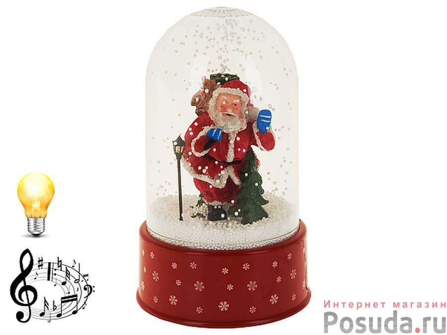 Украшение новогоднее настольное (музыкальное с подсветкой, с эффектом падающего снега) "Санта"d=18см. h=30см. (подарочная упаковка)