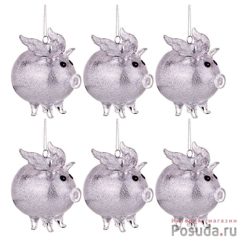 Декоративное изделие Свинка-ангел цвет:серебро набор из 6шт 9*6 см высота=9,5 см без упаковки