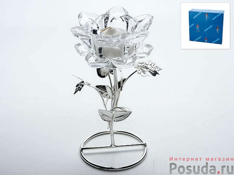 Подсвечник декоративный для 1-й свечи "Белый цветок" 11*9*15см (металл, стекло) (подарочная упаковка)