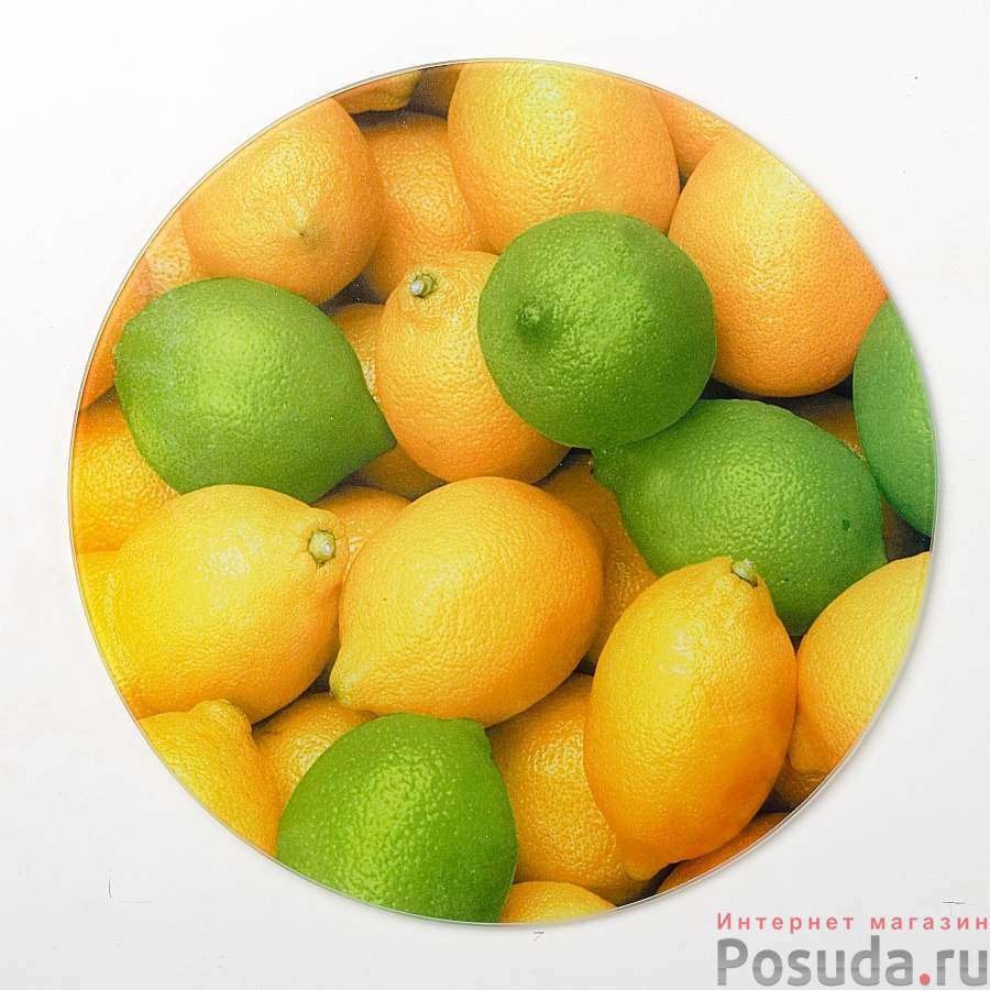 Разделочная доска, стеклянная круглая, диаметр 27 см Лимон