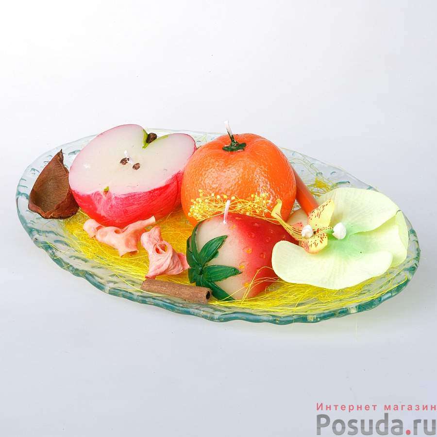 Декоративная композиция из 3 свечей (яблоко, клубника, мандарин)