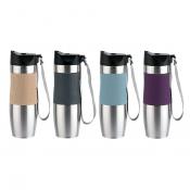 Термокружка 380мл из нержавеющей стали с TPR-вставкой и ремешком (серая, фиолетовая, голубая, бежевая)