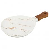 Блюдо для сервировки с деревянной ручкой коллекция Золотой мрамор цвет: white 30,7*18,4*2,4 см