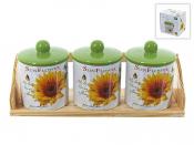 Банки для сыпучих продуктов, набор 3шт. "Подсолнух" d=9см h=12,5см v=400см (32*11*13см (на деревянной подставке)) (подарочная упаковка)
