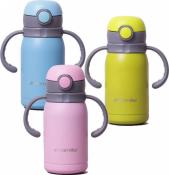 Термос для детей 450мл из нержавеющей стали с двумя ручками и ремешком (розовый, голубой, салатовый)