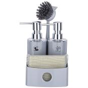 Дозатор для мыла двойной с губкой и щеткой, серый с серебром 300 мл