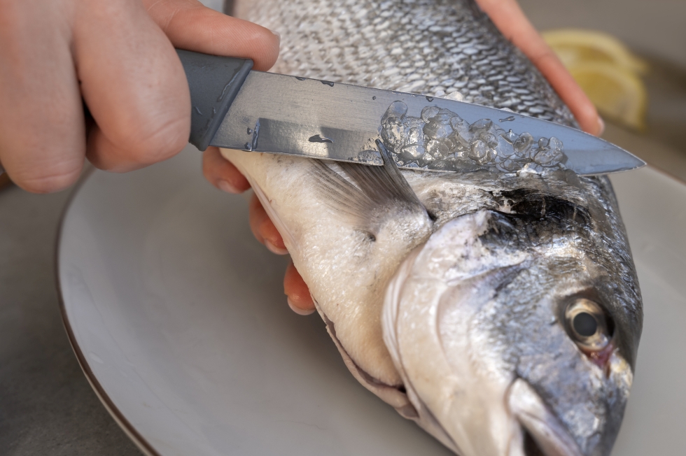 Показана очистка рыбы от чешуи ножом
