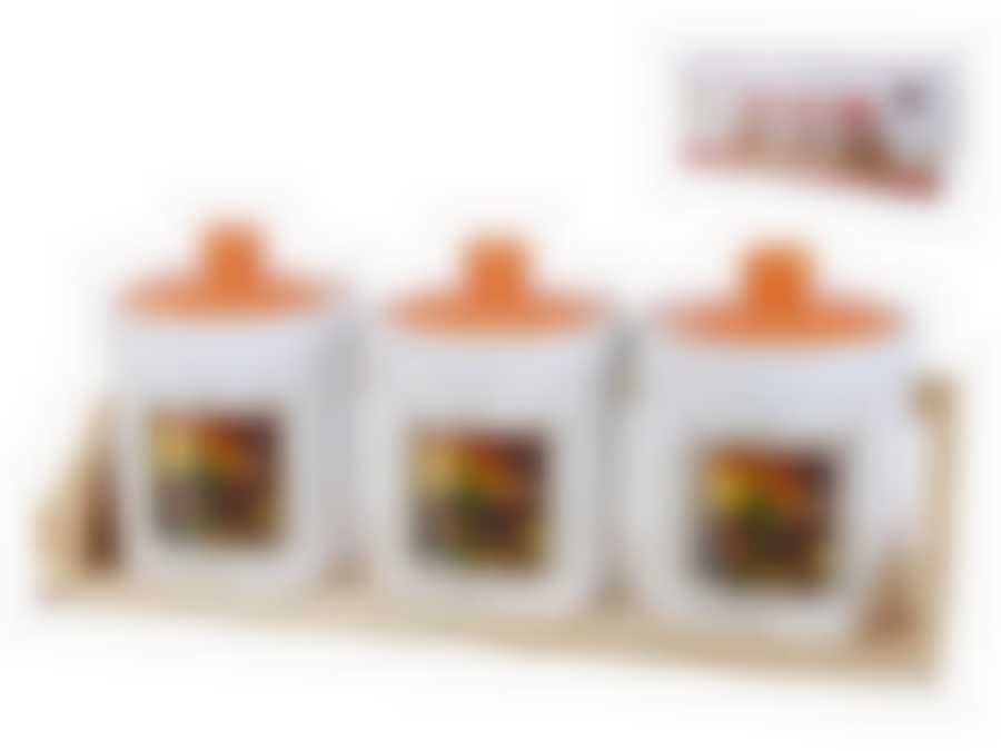 Банки для сыпучих продуктов, набор 3шт. "Севилья" d=9,5см. h=13см. v=450мл. (32*11*13,5см. (на деревянной подставке)) (подарочная упаковка)