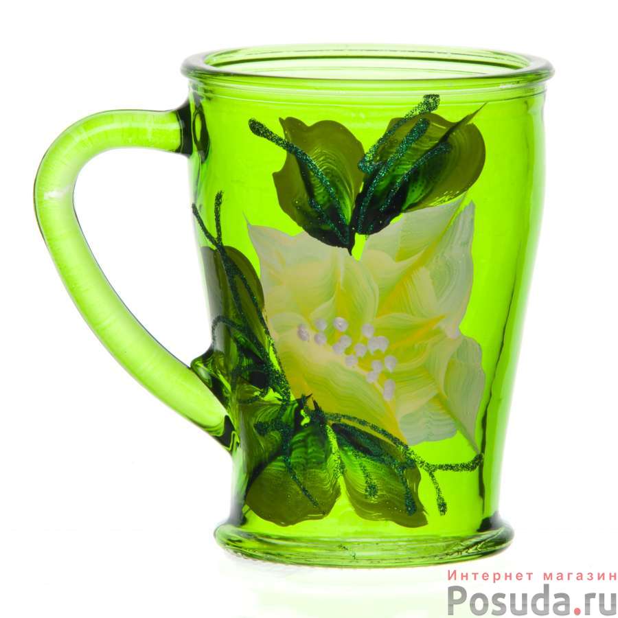 Набор 6 пр.: кружка для чая (П-73-200-ЕЧ-Чайкофф) 200 мл с худож. росписью на крашеном стекле -Зеленая с белым цветком