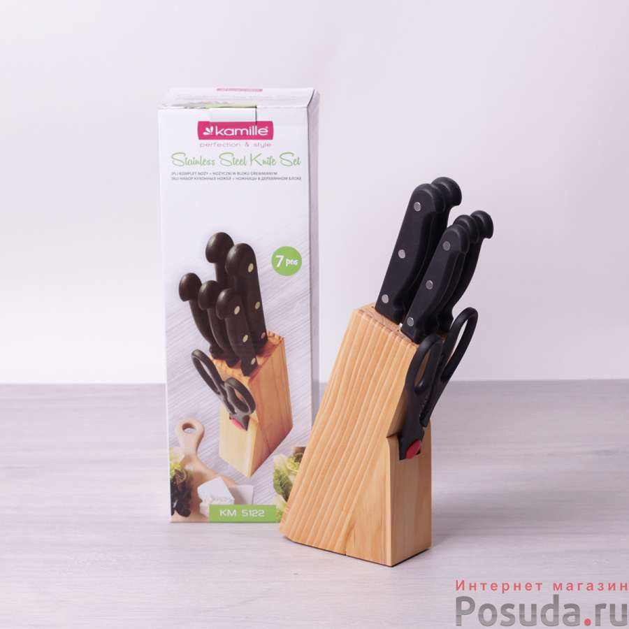 Набор ножей 7 предметов из нержавеющей стали с бакелитовыми ручками и деревянной подставкой