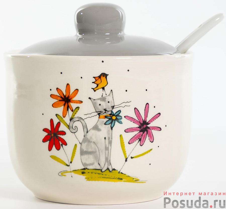 Сахарница с ложкой 320мл,(СЕРЫЙ КОТ) цветная упаковка