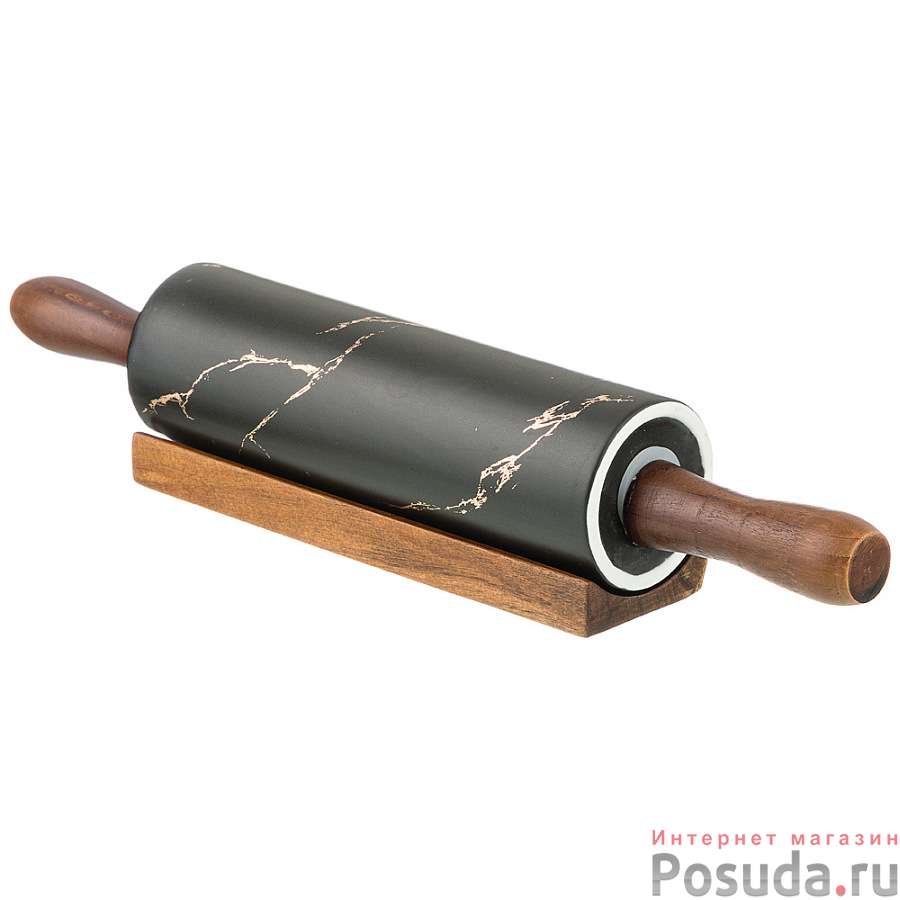 Скалка с деревянными ручками на подставке коллекция Золотой мрамор цвет: black 40,6*6,5*6,5 см