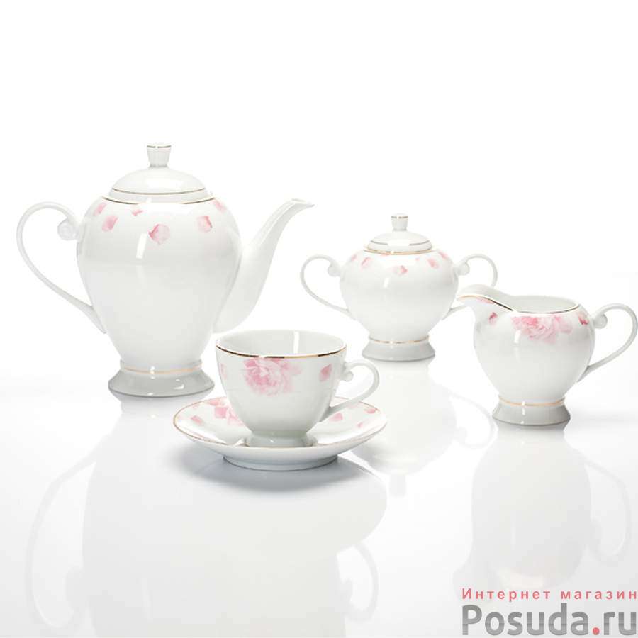 Чайный сервиз на 6 персон Czech Gold Hands "Розовая Роза", 15 предметов