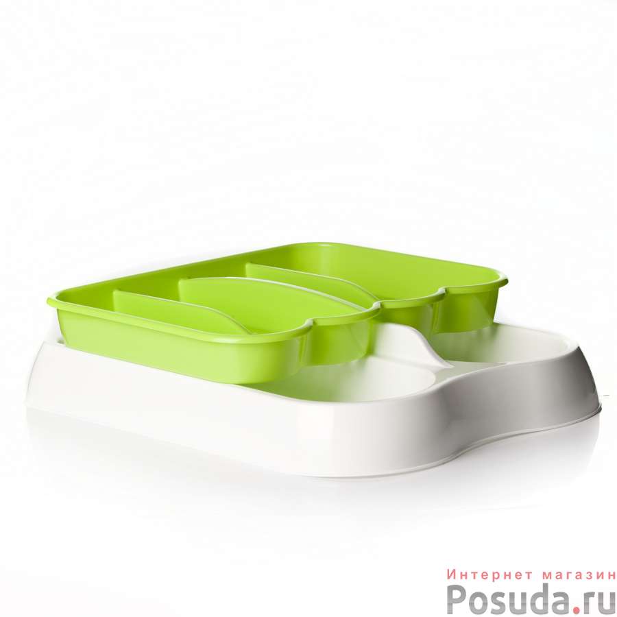 Лоток для столовых приборов раздвижной (бело-зел.)