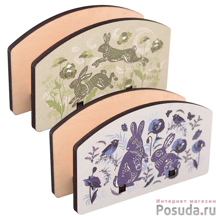 Подставка для салфеток  "Зайцы на лужайке". Размер 13,5х8х4,5см. 2диз. NEW