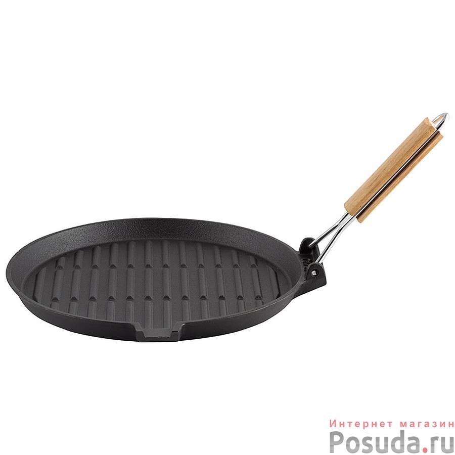 Сковорода-гриль чугунная с деревянной складной ручкой, круглая, PADELLA, диа 26 см