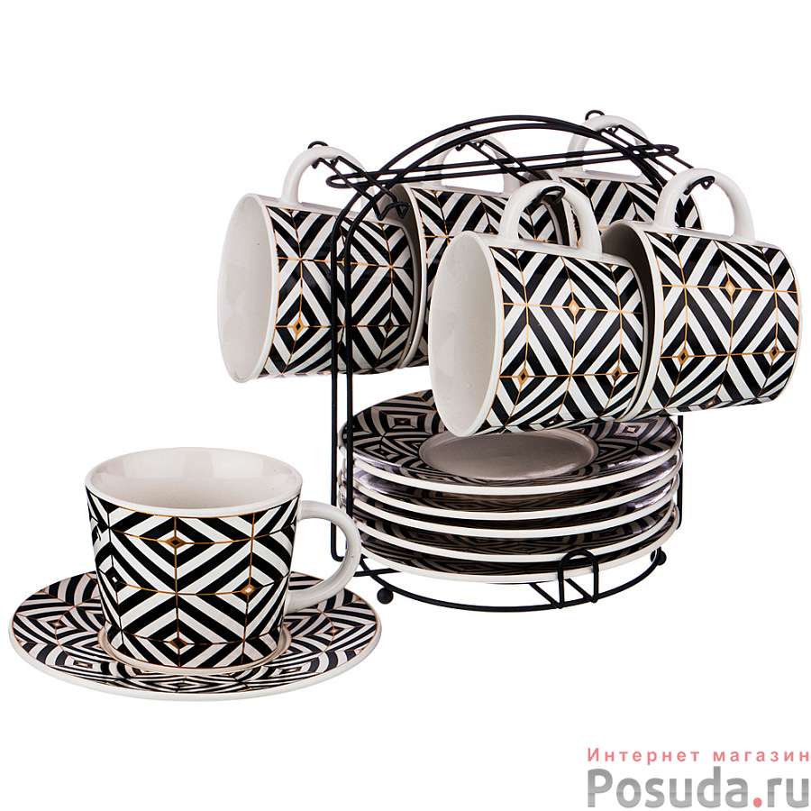 Чайный набор на 6 персон 12 пр. на подставке коллекция Black & white 220 мл 