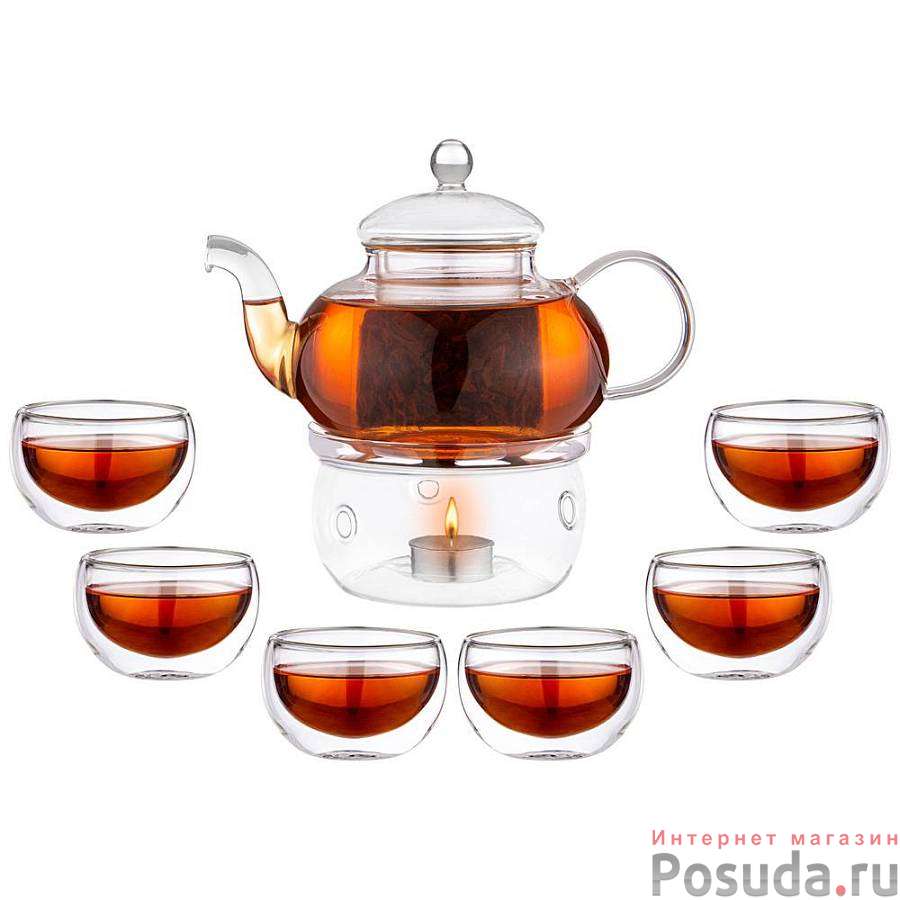 Чайный набор на 6 персон Double-wall 7пр.: чайник 800мл + 6 чашек 150мл 