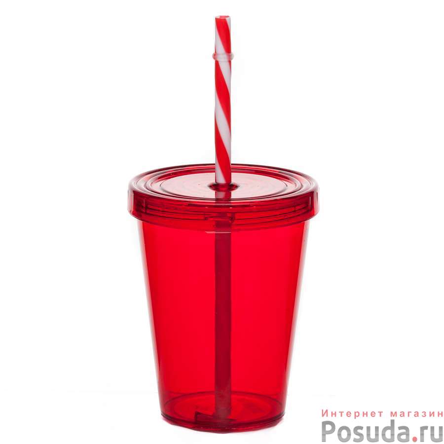 Стакан для коктейлей с крышкой и трубочкой 450 мл (цвет в ассортименте)
