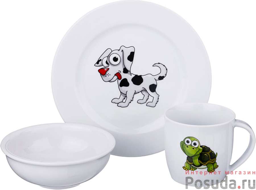 Набор посуды на 1 персону 3 пр. Зверята : кружка +блюдце+тарелка 300 мл. высота=8 см.