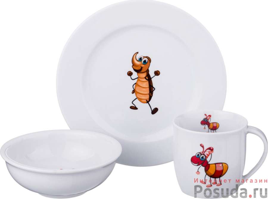 Набор посуды на 1 персону 3 пр. Зверята : кружка +блюдце+тарелка 300 мл. высота=8 см.