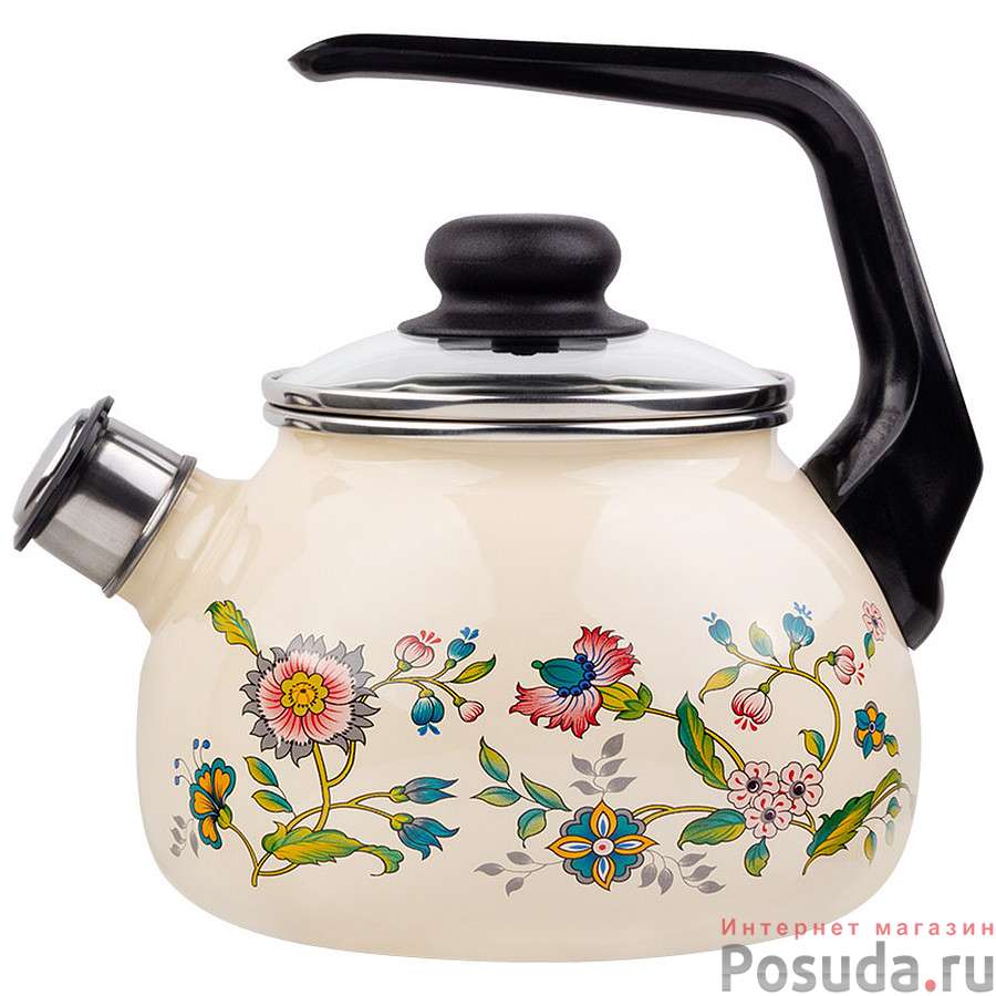 Чайник сферический со свистком 2л слоновая кость "Луговые цветы""
