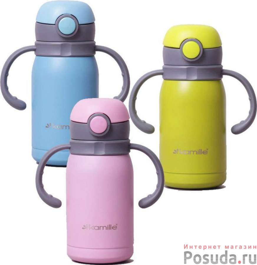 Термос для детей 450мл из нержавеющей стали с двумя ручками и ремешком (розовый, голубой, салатовый)