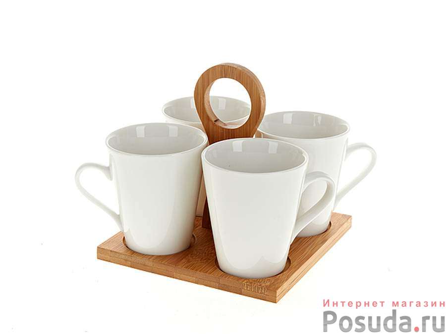 Кружки, набор 4шт. "Naturel" на бамбуковой подставке v=245мл (17,5*17,5*17см) (бамбук, фарфор) (подарочная упаковка)