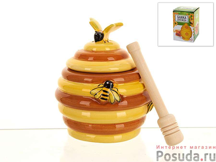 Банка для меда с ложкой "Honey" d=9,5см. h=11см. v=200мл. (ложка-l=9,5см.) (подарочная упаковка)