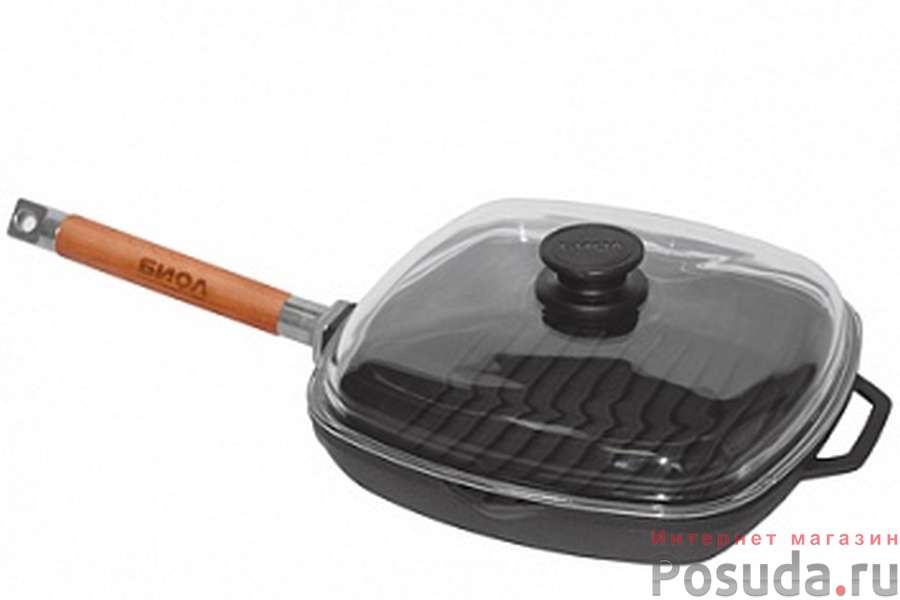 Сковорода-гриль чугунная "Биол", с крышкой, со съемной ручкой, 26 х 26 см