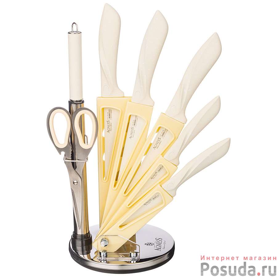 Набор ножей agness с ножницами и мусатом на пластиковой подставке, 8 предметов