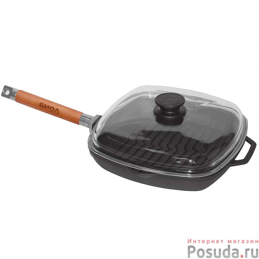 Сковорода-гриль чугунная 280х280 со съемной ручкой и стеклянной крышкой