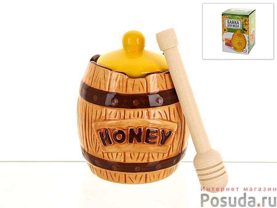 Банка для меда с ложкой "Honey" d=9,5см. h=11,5см. v=300мл. (ложка-l=12,5см.) (подарочная упаковка)