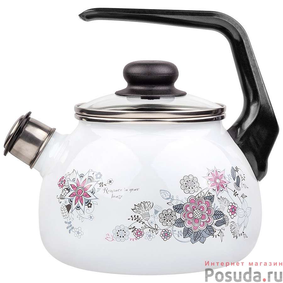 Чайник сферический со свистком 2л белоснежный "Весенний романс"
