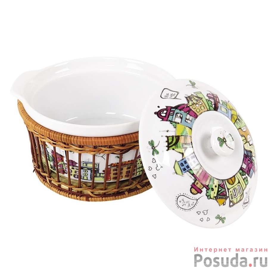 Кастрюля керамическая для запекания 1.8л (24*21*12см) с ротанговой корзинкой