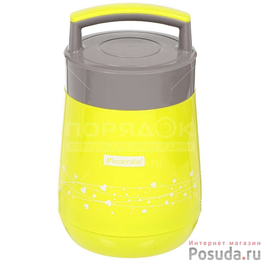 Термос пищевой 1400мл пластиковый со стеклянной колбой и 2 емкостями (розовый, голубой, зеленый)