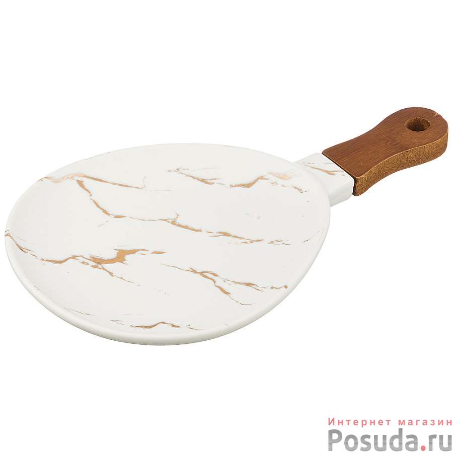 Блюдо для сервировки с деревянной ручкой коллекция Золотой мрамор цвет: white 30,7*18,4*2,4 см