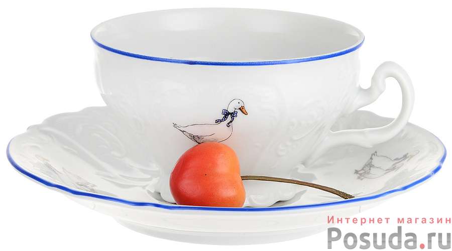 Чашка 205 мл с блюдцем 155 мм низкая с большой ручкой; "Bernadotte", декор "Гуси"