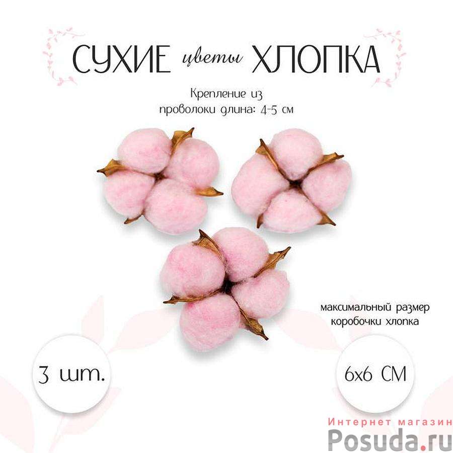 Сухие цветы хлопка, набор 3 шт, цвет розовый   4104735