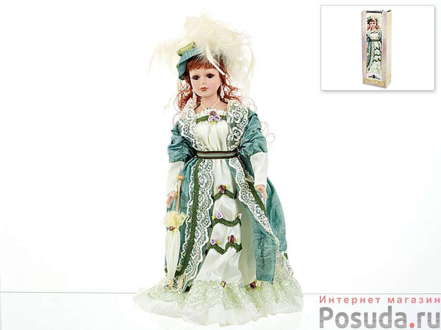 Кукла декоративная, фарфоровая "Таисия" 13*7,5*36,5см (с декоративными стразами и перьями) (подарочная упаковка)