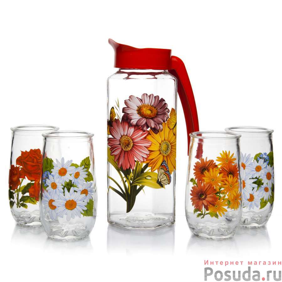 Набор 5 предметов Призма (Кувшин +4 стакана) с деколью Цветы