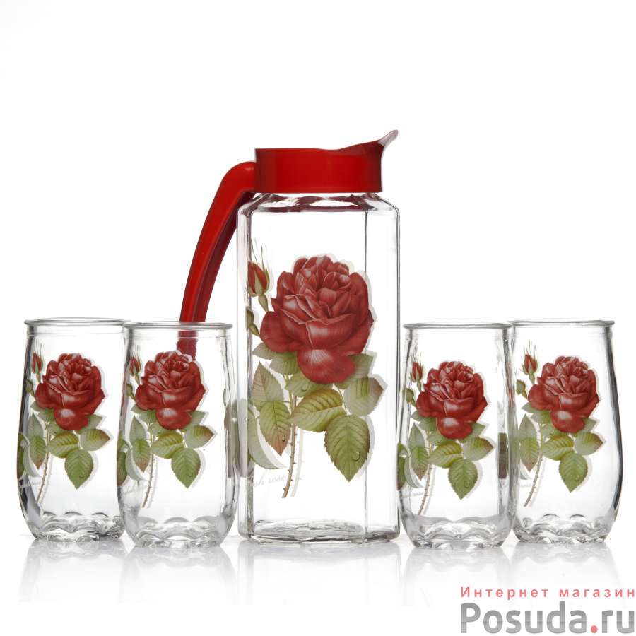 Набор 5 предметов Призма (Кувшин +4 стакана) с деколью Роза красная