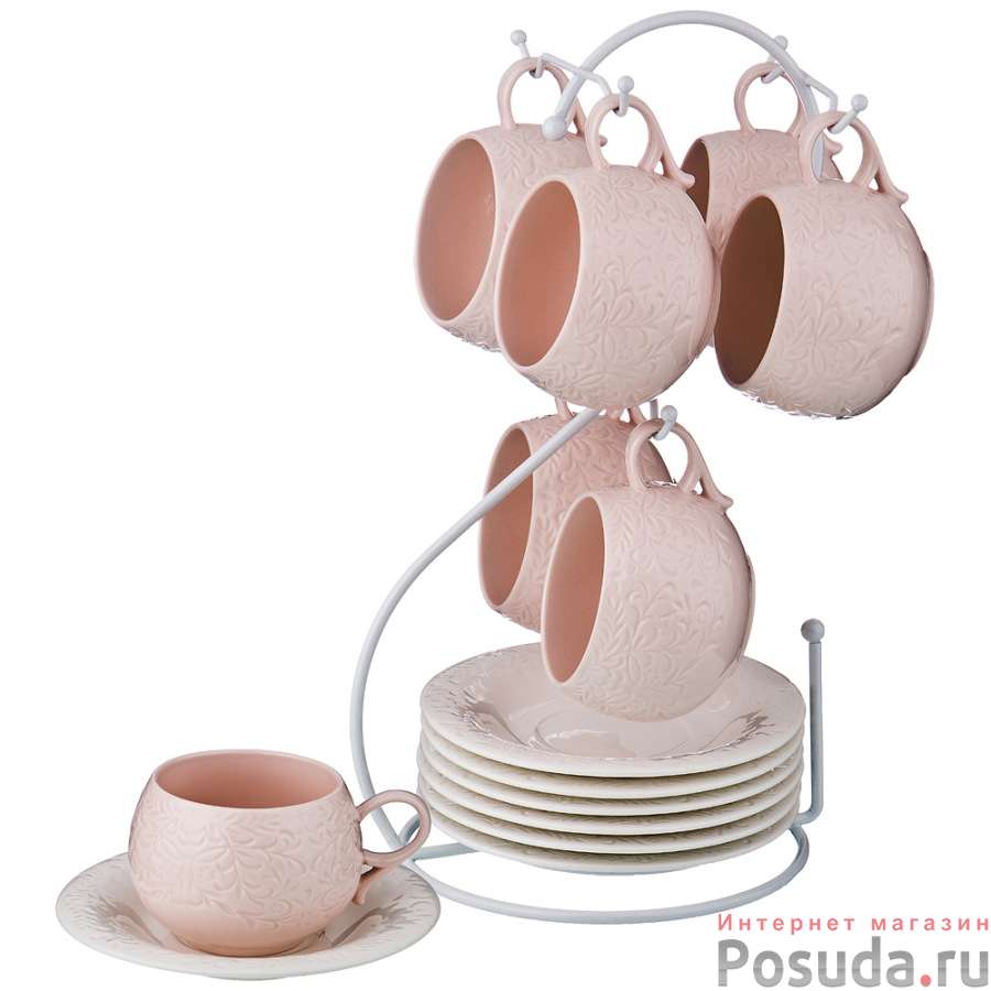 Чайный набор на 6 персон 12 пр. 200 мл на метал.подставке Розовый