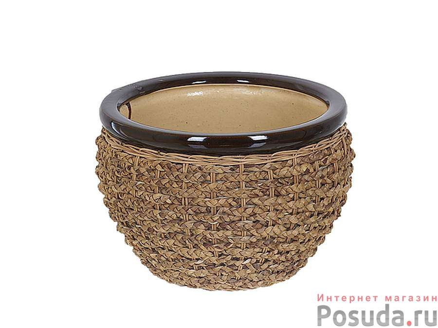 Горшок для цветов поддоном"Плетенка" 30*30*20см. v=8500мл. (поддон-24*24*4см.)(покрытие-натуральный ротанг) (без подарочной упаковки)