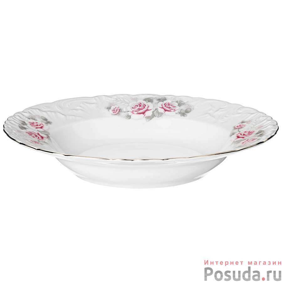 Тарелка суповая рококо Нежная роза платина 22,5 см. без упак