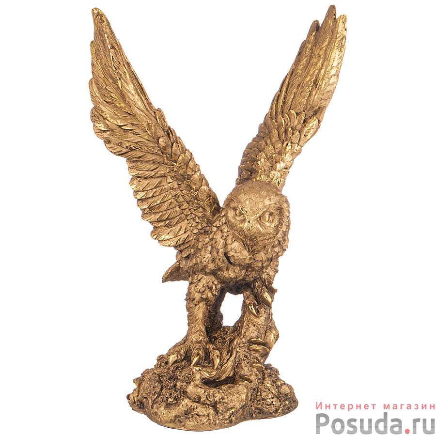 Фигурка декоративная Сова с расправленными крыльями на пне н-33см цвет: бронза с позолотой